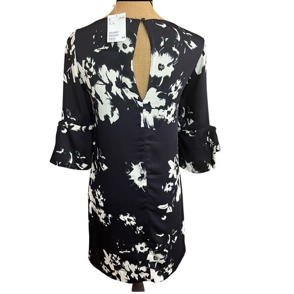 H&M Navy Satin Floral Shift Dress Size 4 Sleeve Bow Cuff Elegant Cocktail NWT - Picture 4 of 8